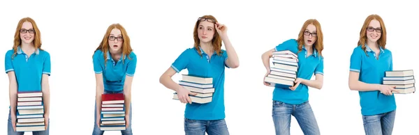 白で隔離多くの本で女子学生 — ストック写真