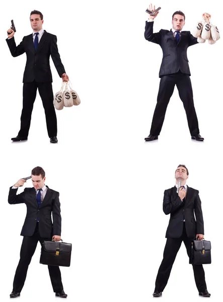 Uomo d'affari con sacchi di denaro, valigetta e pistola — Foto Stock