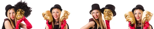 화이트에 고립 된 두 개의 마스크를 가진 여자 — 스톡 사진