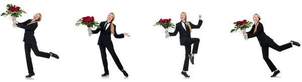 Businesswoman with bunch of flowers isolated on white — Stock Photo, Image