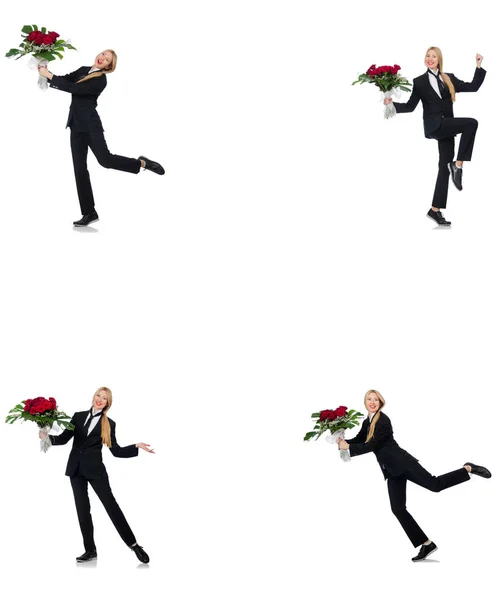 Femme d'affaires avec bouquet de fleurs isolées sur blanc — Photo