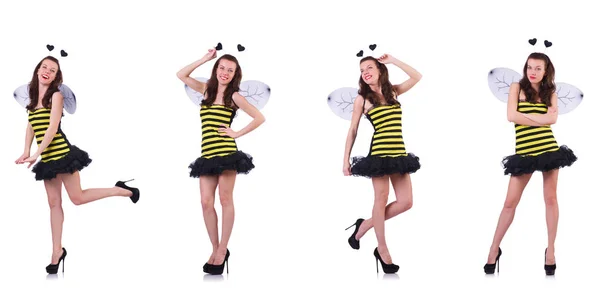 Mladá žena v izolované na bílém kostýmu včela — Stock fotografie
