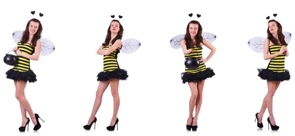 Junge Frau im Bienenkostüm isoliert auf weiß — Stockfoto