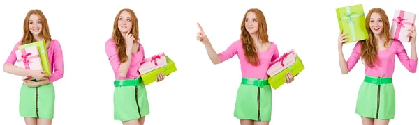 Vacker kvinna i grön kjol med presentbox — Stockfoto