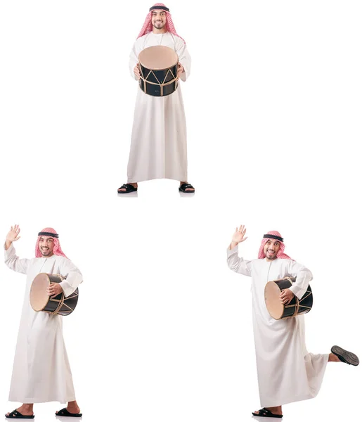Homem árabe com tambor isolado em branco — Fotografia de Stock