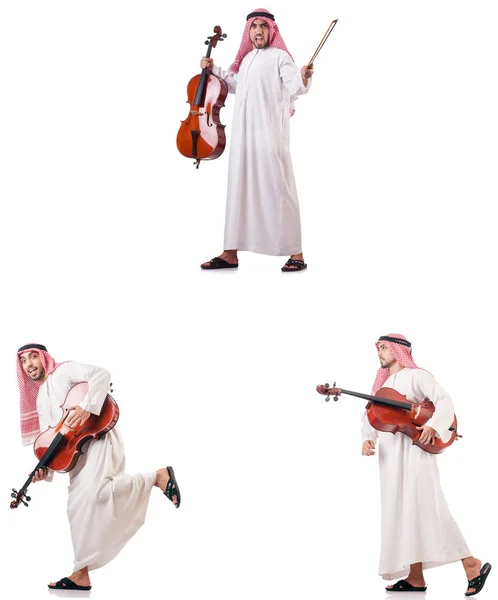 Arab man playing cello isolated on white — Stock Photo, Image