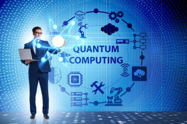 İş adamı kuantum hesaplama kavramında sanal düğmeye basıyor