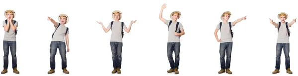 Young boy in cork helmet with backpack — Stock Photo, Image