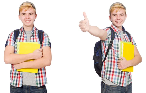 Студент с рюкзаком и записками на белом — стоковое фото