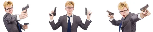 Fiatal férfi pisztolyt elszigetelt fehér — Stock Fotó