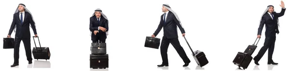 Empresário árabe com mala isolada em branco — Fotografia de Stock