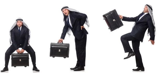 Arab businessman with suitcase isolated on white — Stock Photo, Image