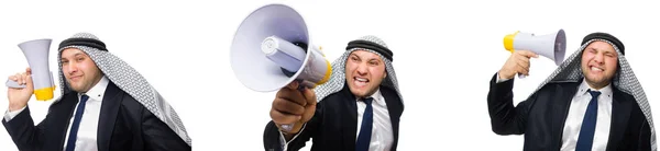 Empresário árabe com megafone isolado em branco — Fotografia de Stock