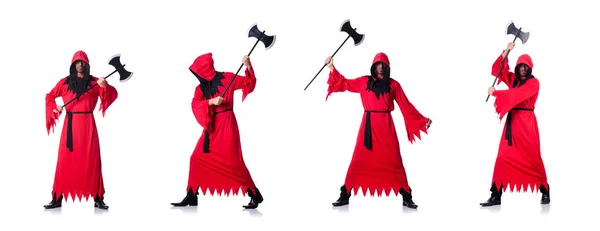 Executioner in red costume with axe on white — Stock Photo, Image