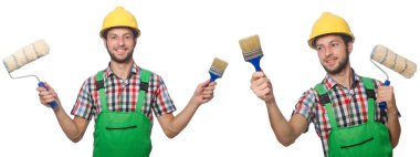 Beyaz izole kask ile erkek ressam 