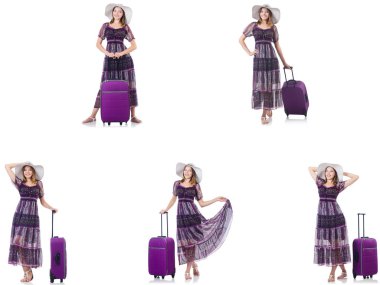 Bavullu genç bir kadın beyaz üzerine izole edilmiş. 