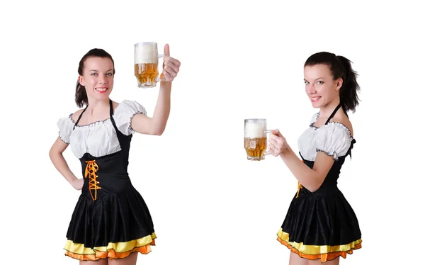 Young waitress with beer on white — Stock Photo, Image