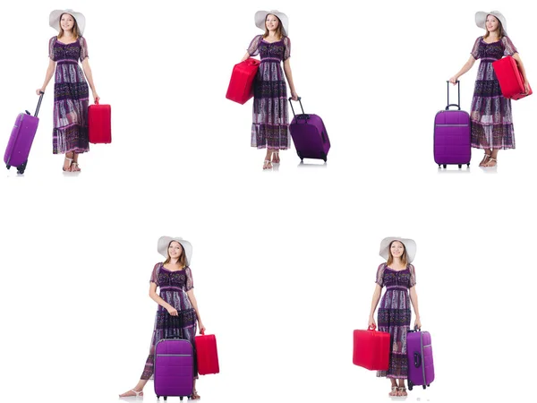 Young woman with suitcases isolated on white — Stock Photo, Image