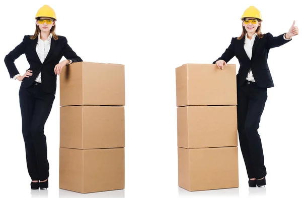 Woman builder with box isolated on white — Stock Photo, Image