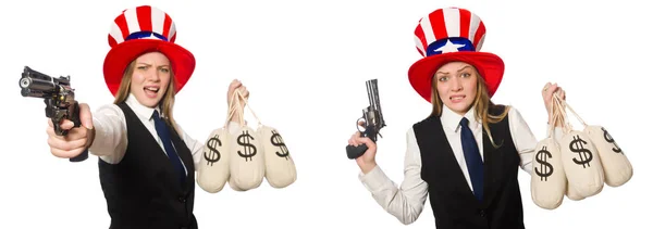 Collage mit Frau und amerikanischem Hut — Stockfoto