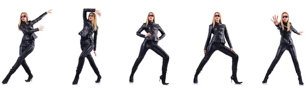 Dancing woman in black leather costume — Stock Photo, Image