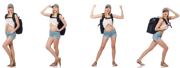 Mulher bonita em shorts com mochila — Fotografia de Stock