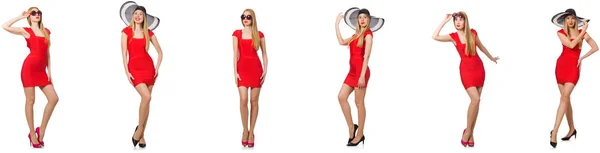 Mulher bonita em vestido vermelho isolado no branco — Fotografia de Stock