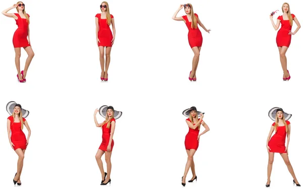 लाल ड्रेस मध्ये सुंदर महिला पांढरा वर पृथक् — स्टॉक फोटो, इमेज