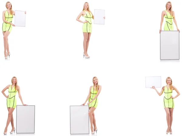 Schöne Frau hält Whiteboard isoliert auf weiß — Stockfoto