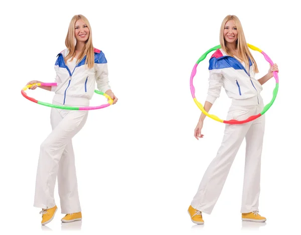 Schöne Frau mit Hula-Hoop-Reifen isoliert auf weiß — Stockfoto