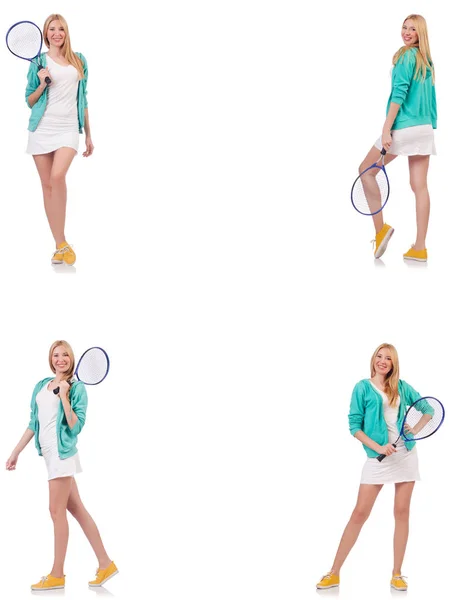 年轻美丽的女子在白种人的隔离下打网球 — 图库照片