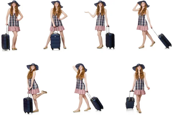 Young woman with suitcase isolated on white — Stock Photo, Image