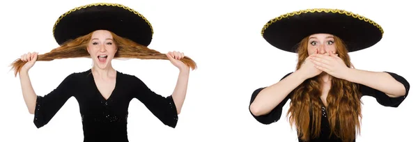 Jovem ruiva senhora em vestido preto com sombrero preto — Fotografia de Stock