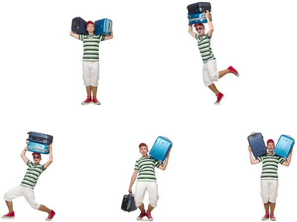 Fiatal férfi súlyos bőröndök elszigetelt fehér — Stock Fotó