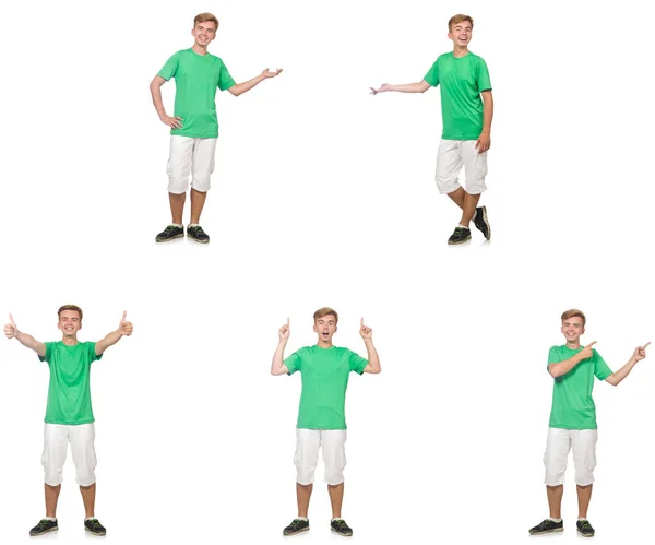 Ung pojke i grön t-shirt isolerad på vit — Stockfoto