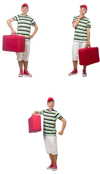 Jeune homme avec valise rouge isolé sur blanc — Photo