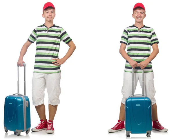 Young man with suitcase isolated on white — Stock Photo, Image