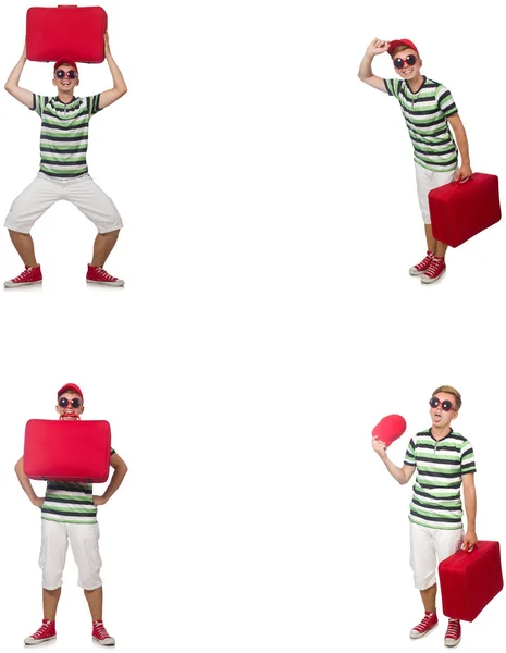 Hombre joven con maleta roja aislada en blanco —  Fotos de Stock