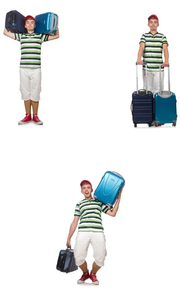 Mladý muž s kufrem izolovaným na bílém — Stock fotografie