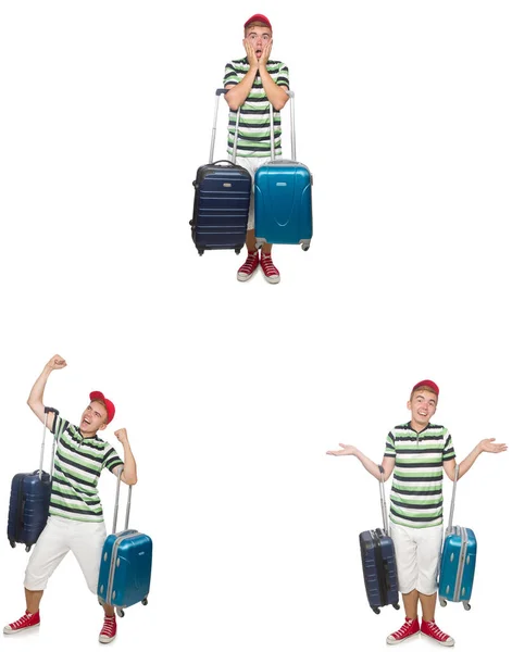 Young man with suitcase isolated on white — Stock Photo, Image