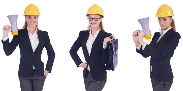 Constructeur féminin avec mégaphone isolé sur blanc — Photo