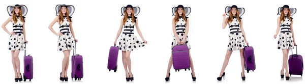 Schöne Frau im gepunkteten Kleid mit Koffer isoliert auf whi — Stockfoto