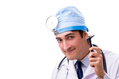 Genç yakışıklı Doktor otolaryngologist beyaz izole 
