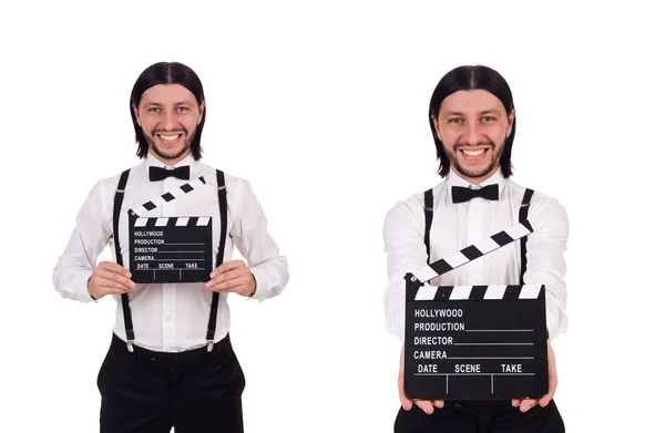 Joven caballero con clapperboard aislado en blanco —  Fotos de Stock