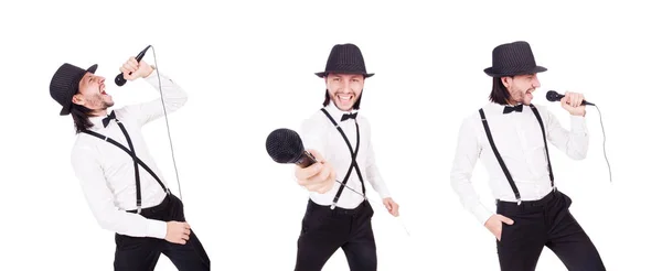 Legrační člověk zpívá, izolované na bílém — Stock fotografie