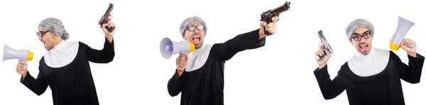 Weird male nun with gun and megaphone — Stock Photo, Image