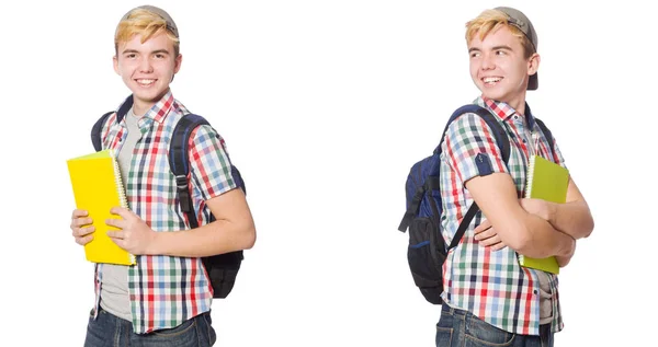 Student mit Rucksack und Notizen isoliert auf weiß — Stockfoto