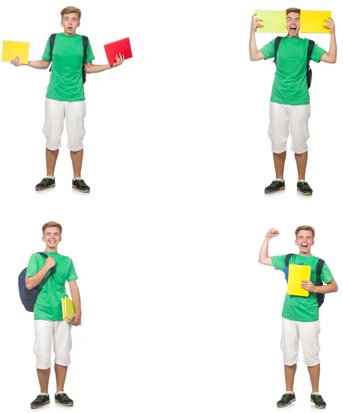 Ung student med ryggsäck och anteckningar isolerade på vitt — Stockfoto