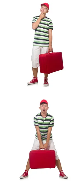 Jeune homme avec valise rouge isolé sur blanc — Photo