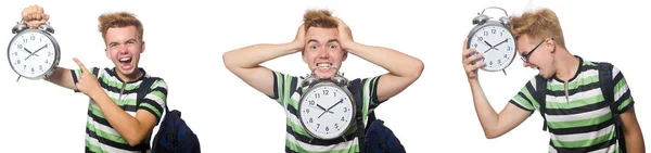Joven estudiante con alarma-reloj en concepto de gestión del tiempo —  Fotos de Stock